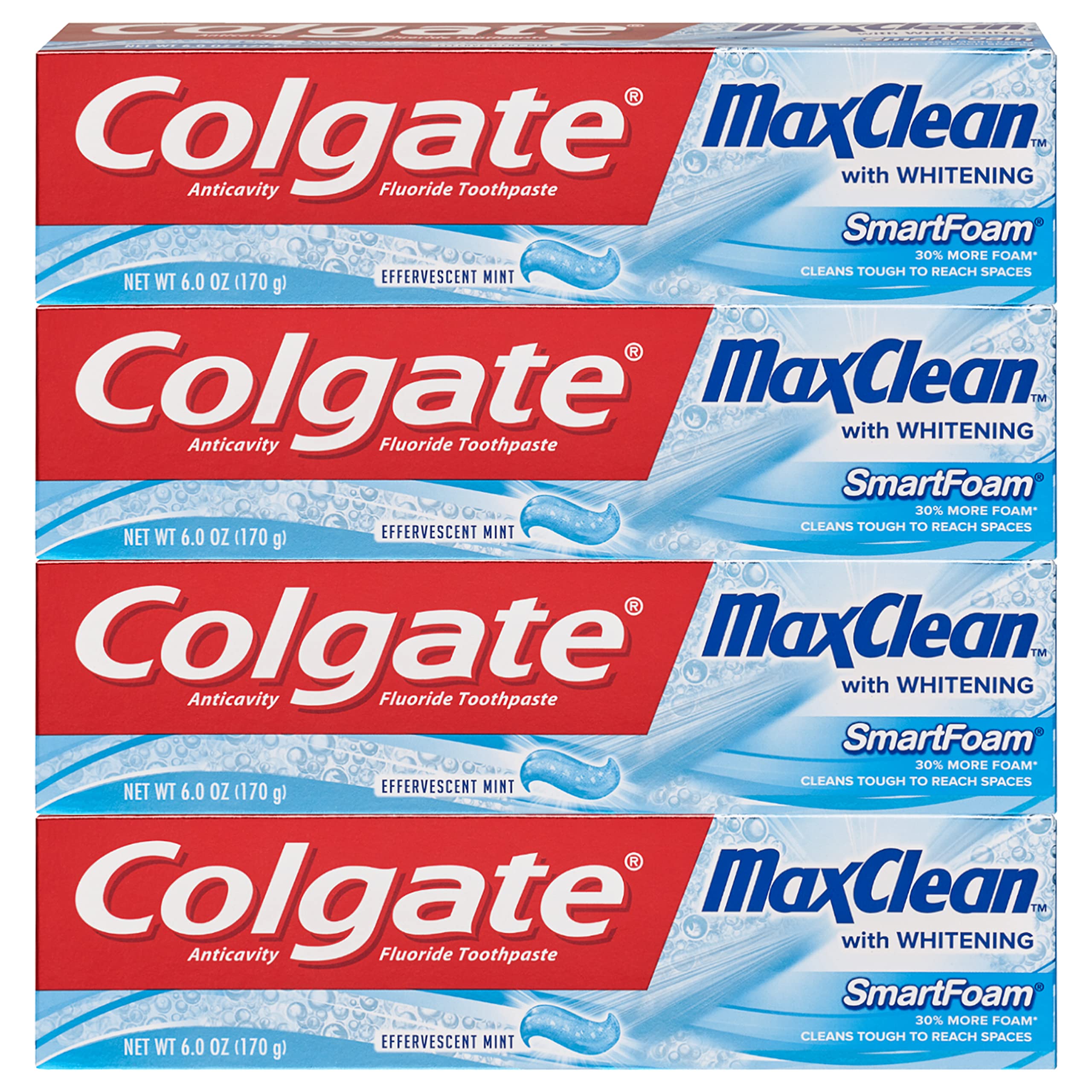 Colgate Max Clean Whitening Foaming Toothpaste 6 oz four-pack, front view