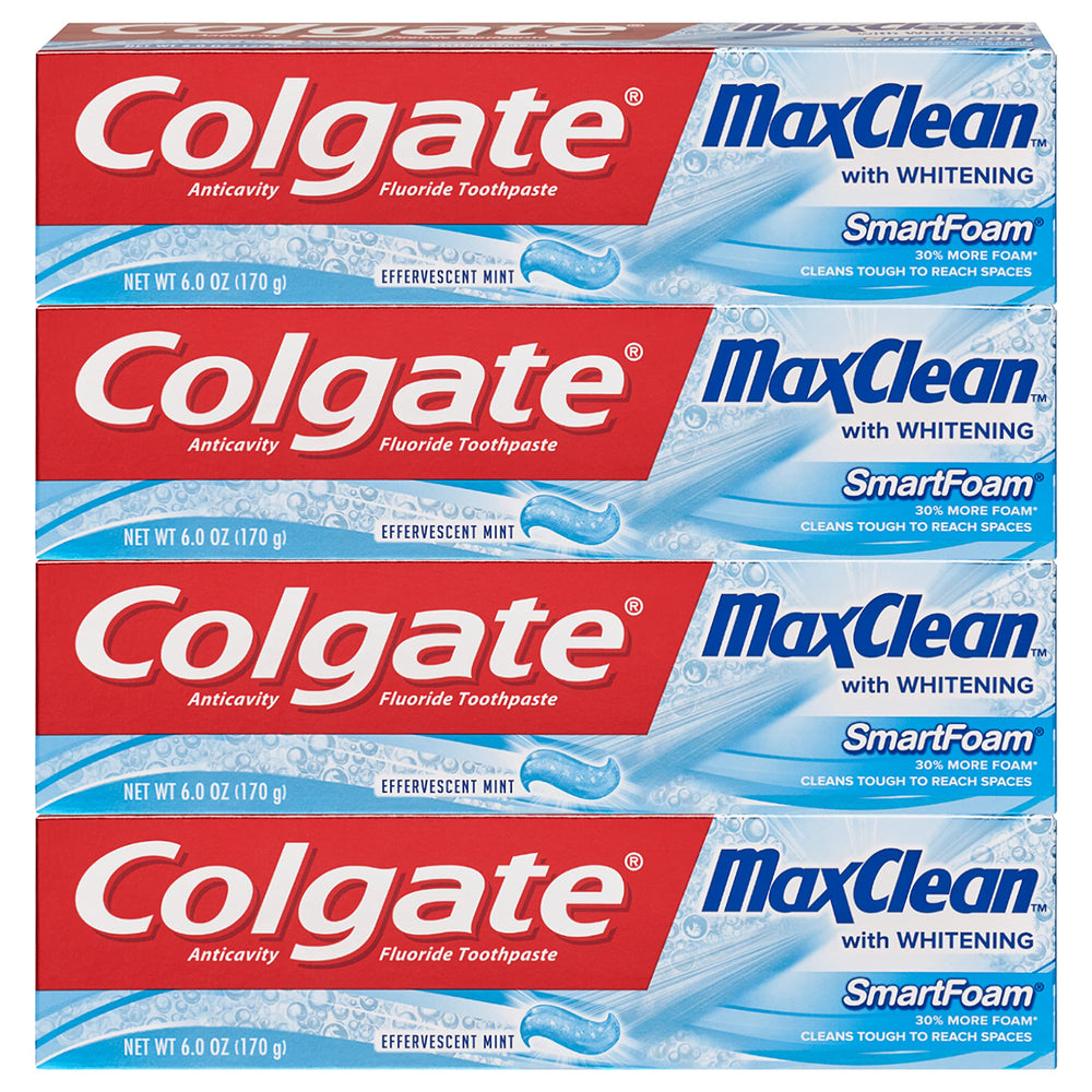 Colgate Max Clean Whitening Foaming Toothpaste 6 oz four-pack, front view