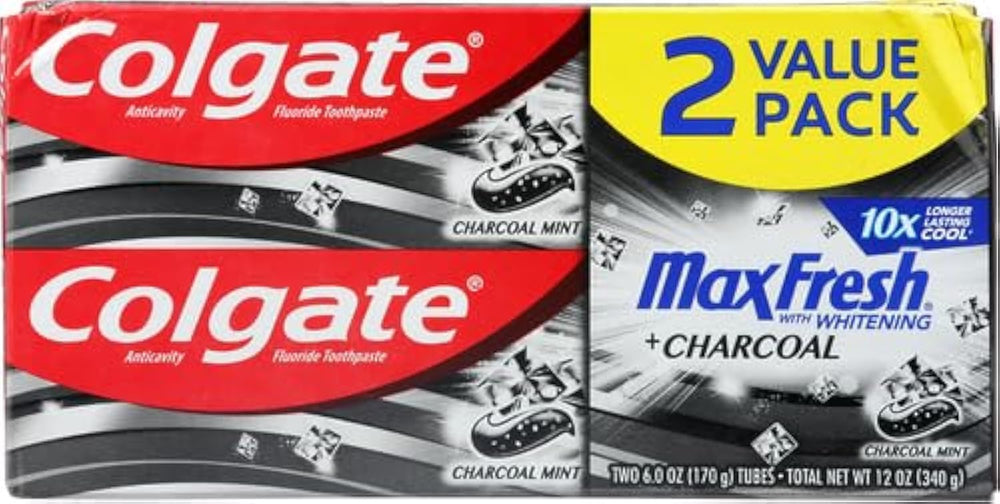 Packaging for Colgate Max Fresh Charcoal Mint 2-pack