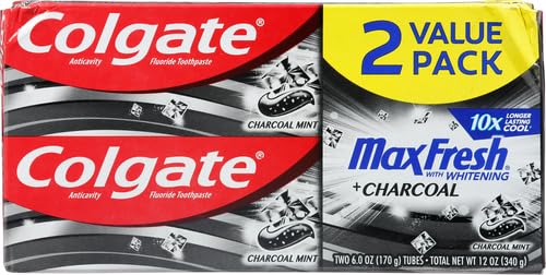 Front view of Colgate Max Fresh Charcoal Mint 2-pack tubes