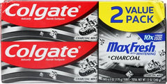 Front view of Colgate Max Fresh Charcoal Mint 2-pack tubes