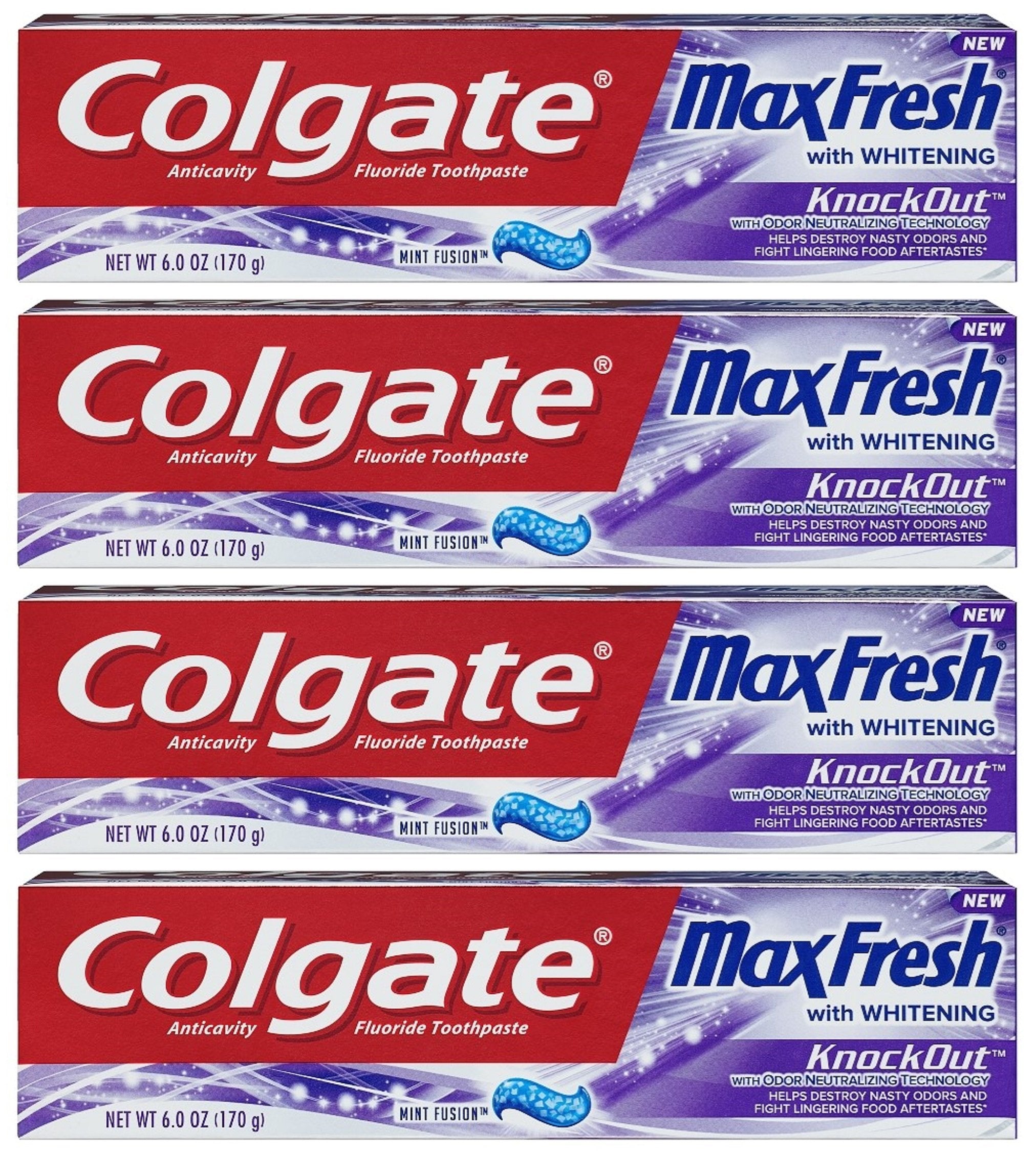 Front view of Colgate Max Fresh Knockout toothpaste 6 oz in a 4-pack