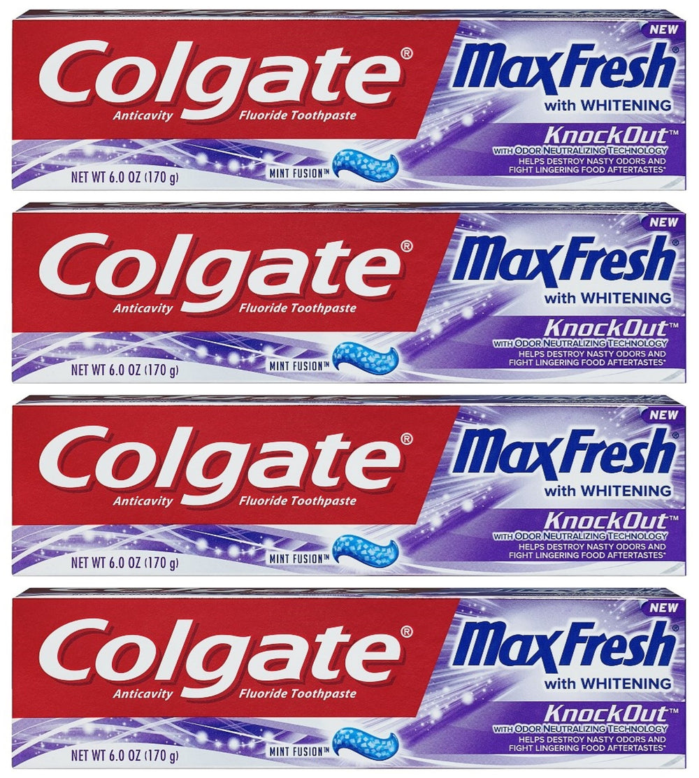 Front view of Colgate Max Fresh Knockout toothpaste 6 oz in a 4-pack