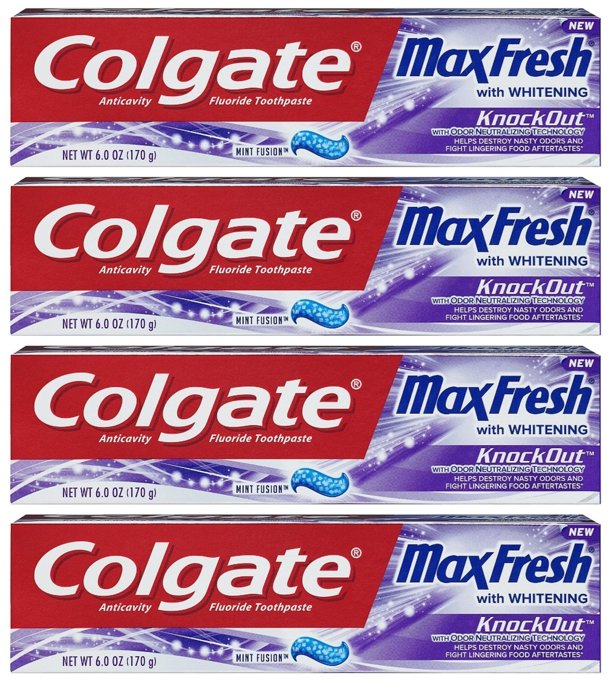 Front view of Colgate Max Fresh Knockout toothpaste 6 oz in a 4-pack