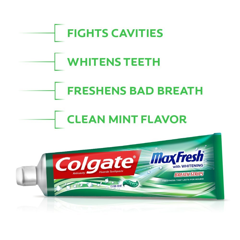 Close-up of mini breath strips inside Colgate Max Fresh toothpaste