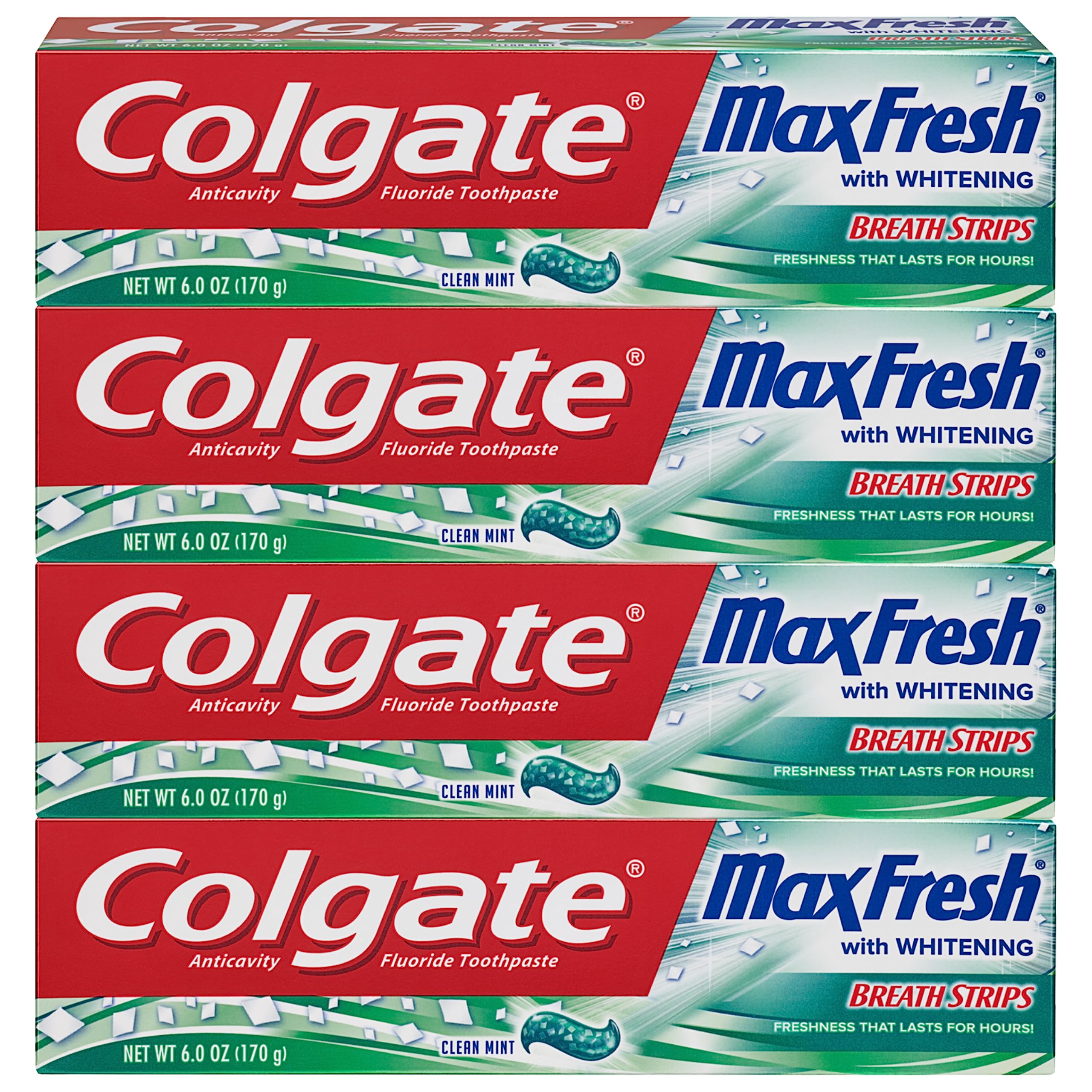 Colgate Max Fresh Whitening Toothpaste with Breath Strips Clean Mint 6 oz 4-pack front view