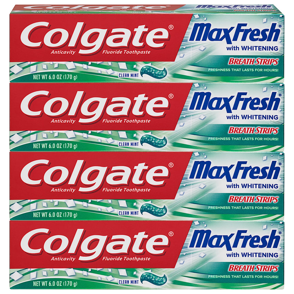 Colgate Max Fresh Whitening Toothpaste with Breath Strips Clean Mint 6 oz 4-pack front view