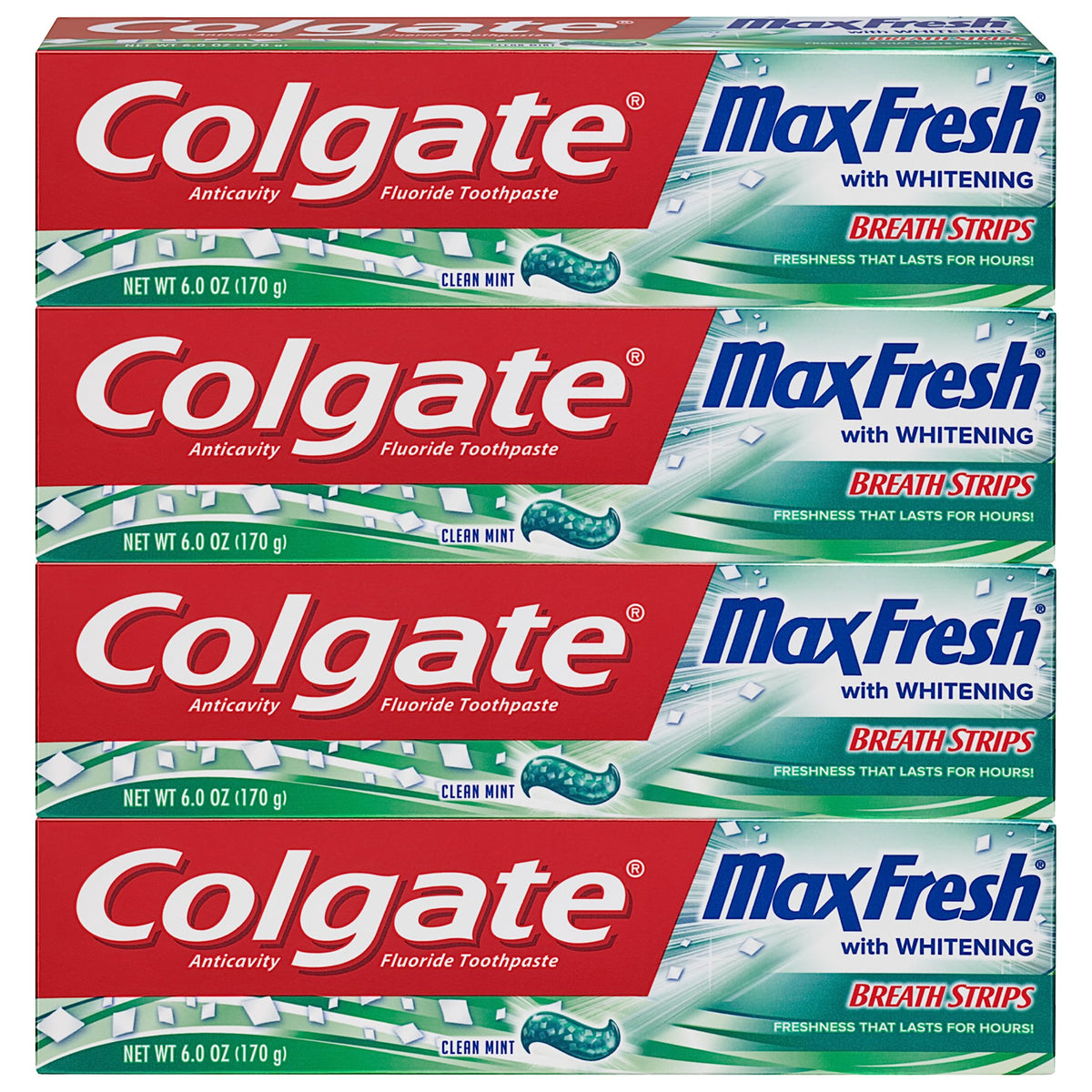 Colgate Max Fresh Whitening Toothpaste with Breath Strips Clean Mint 6 oz 4-pack front view
