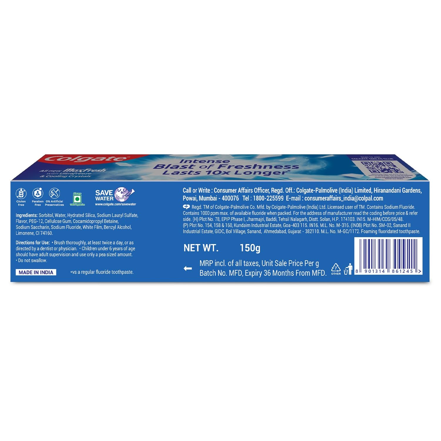 Colgate Maxfresh Blue Toothpaste with mint freshness branding