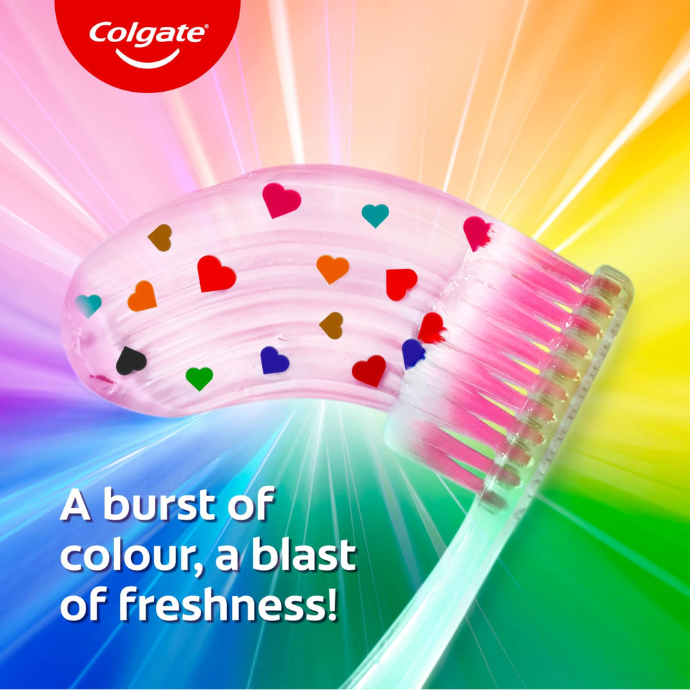 Person brushing teeth with Colgate MaxFresh Rainbow Fresh toothpaste
