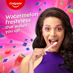 Side view of toothpaste tube with watermelon branding