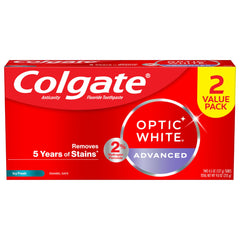 Two 4.5 oz tubes of Colgate Optic White Advanced Icy Fresh toothpaste in a pack