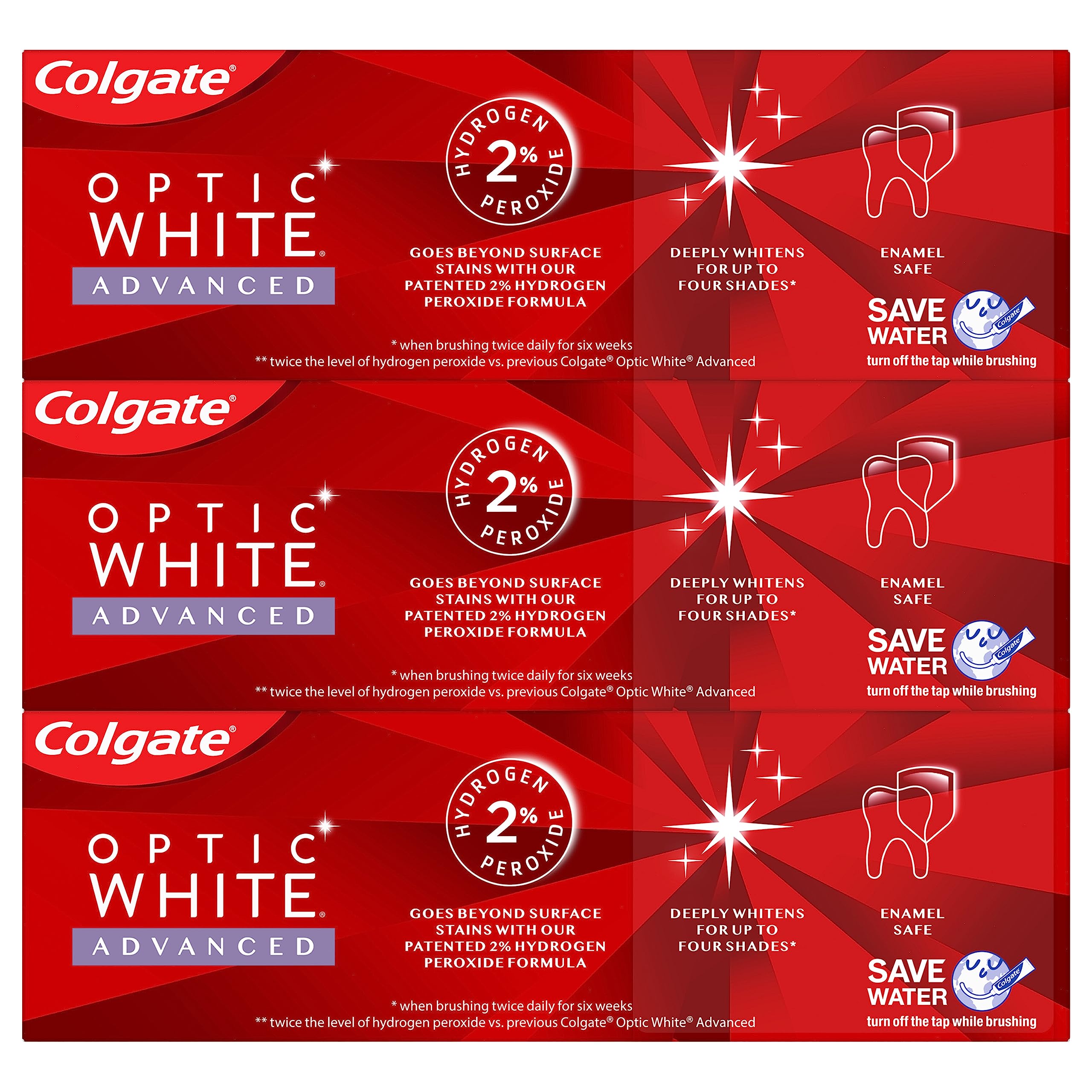 Colgate Optic White Advanced Vibrant Clean toothpaste 3-pack packaging