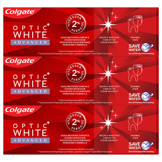 Colgate Optic White Advanced Vibrant Clean toothpaste 3-pack packaging