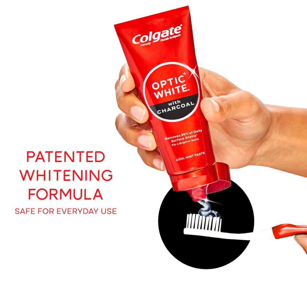 Front view of Colgate Optic White Charcoal 2 pack packaging