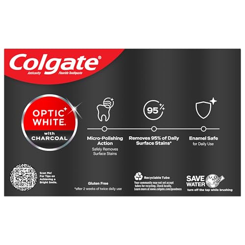 Colgate Optic White Charcoal pack displayed on a bathroom counter
