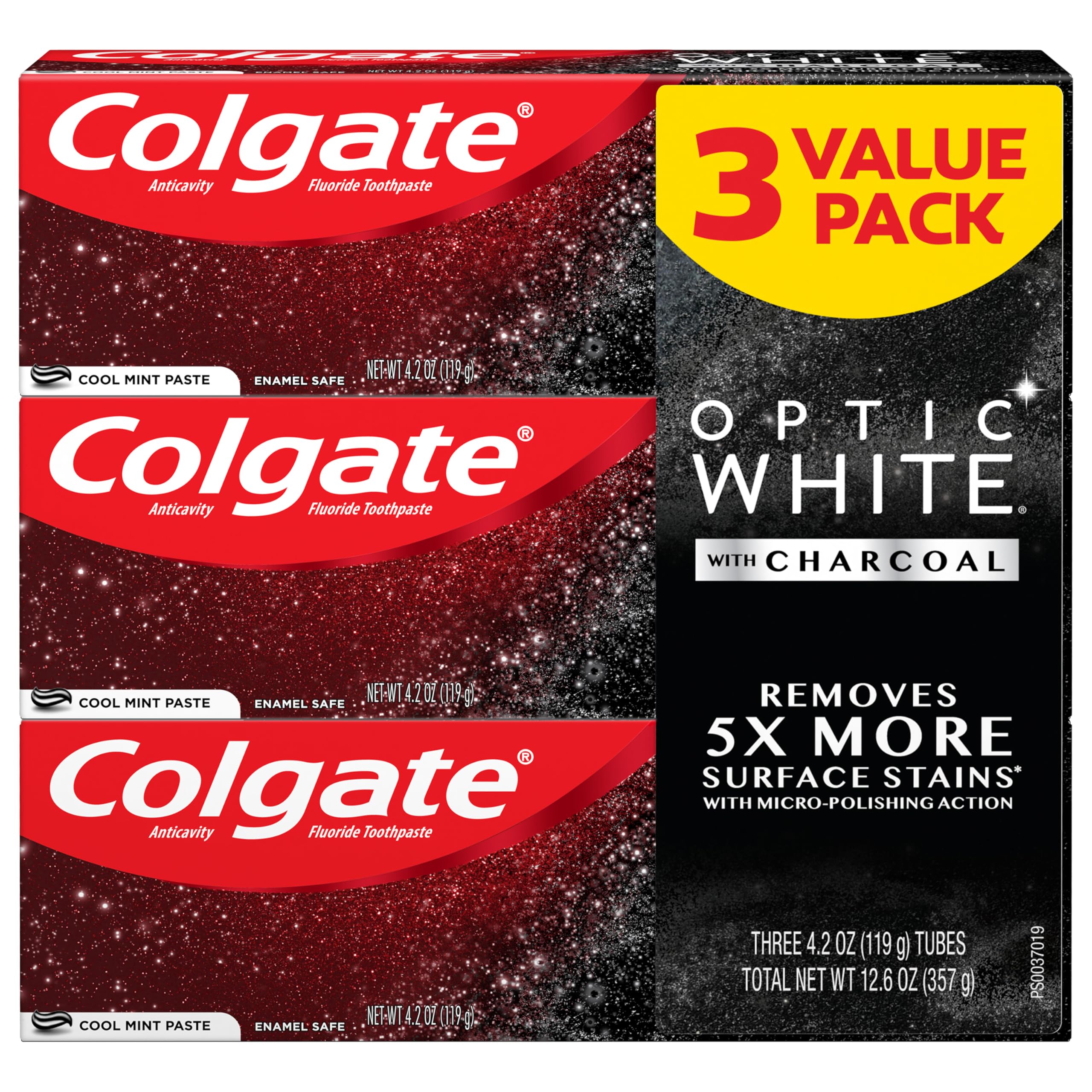 Three 4.2 oz tubes of Colgate Optic White with Charcoal Whitening Toothpaste in Cool Mint flavor