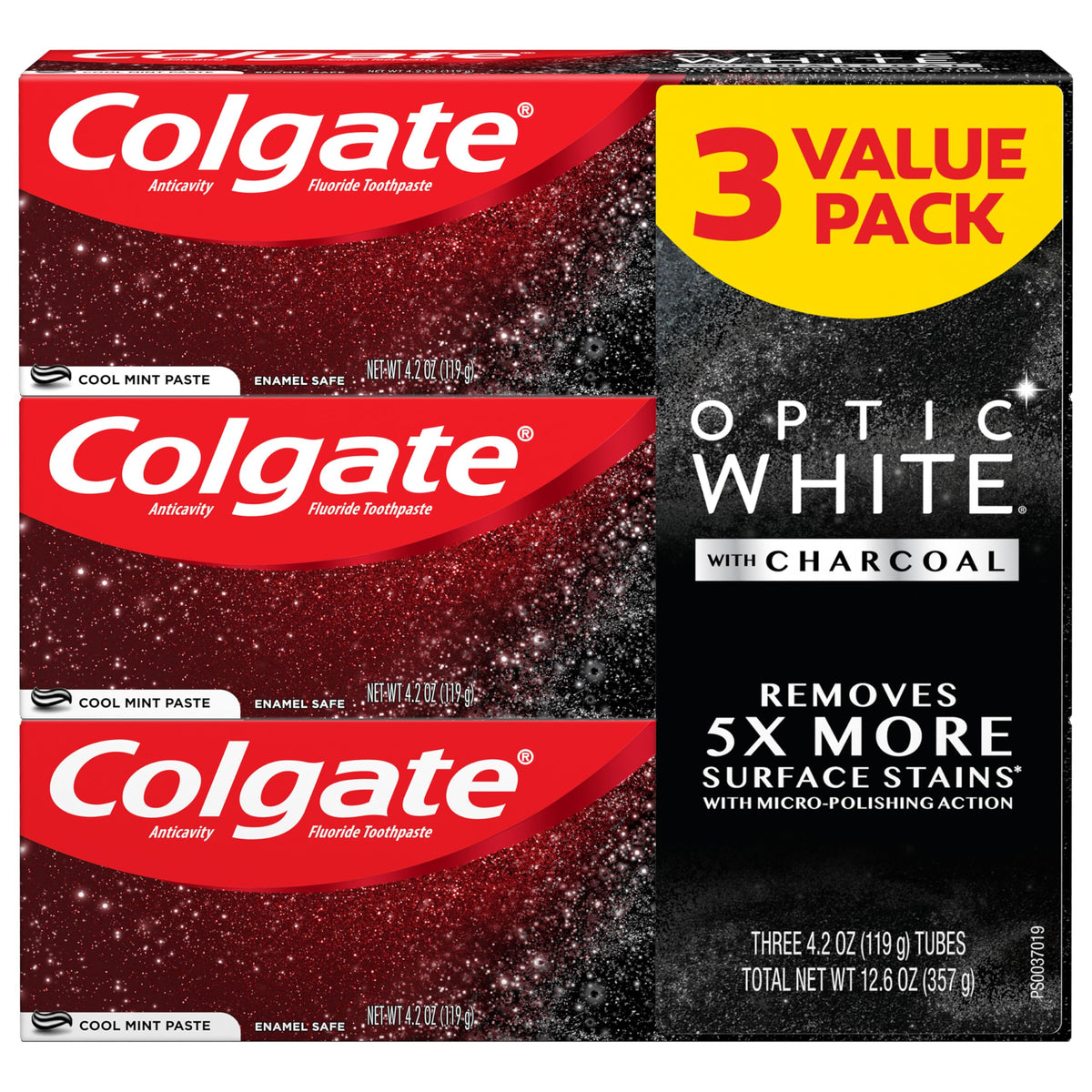 Three 4.2 oz tubes of Colgate Optic White with Charcoal Whitening Toothpaste in Cool Mint flavor