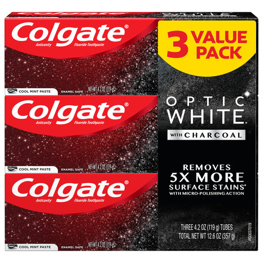Three 4.2 oz tubes of Colgate Optic White with Charcoal Whitening Toothpaste in Cool Mint flavor