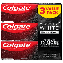 Three 4.2 oz tubes of Colgate Optic White with Charcoal Whitening Toothpaste in Cool Mint flavor