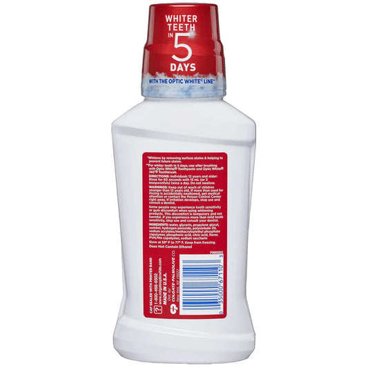 Colgate Optic White Mouthwash Icy Mint 8 fl oz bottle close-up