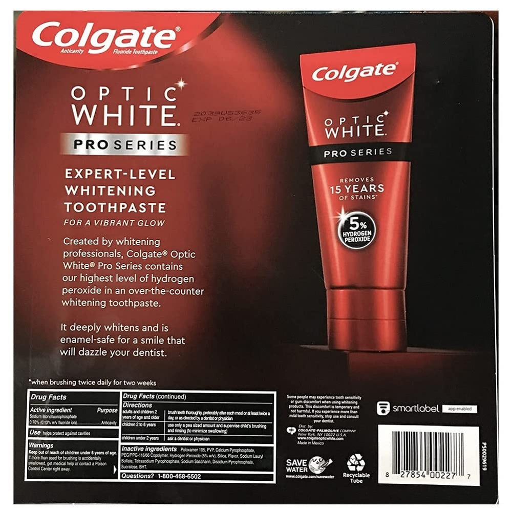 Colgate Optic White Pro Series Stain Shield packaging showing four tubes