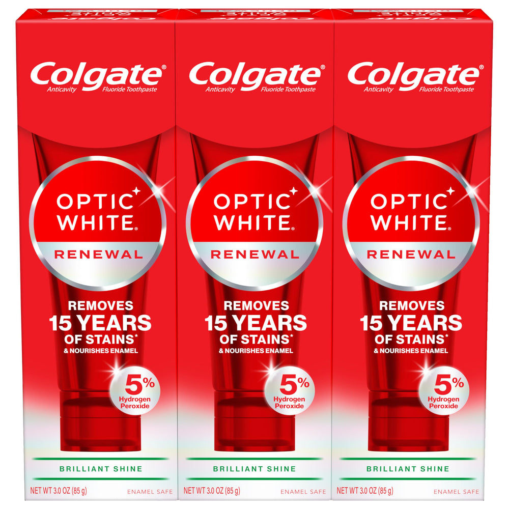 Three Colgate Optic White Renewal toothpaste tubes in a 3-pack, 3.0 oz each