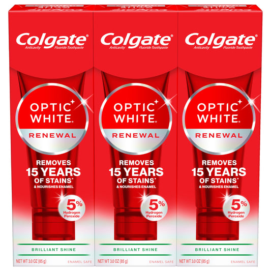 Three Colgate Optic White Renewal toothpaste tubes in a 3-pack, 3.0 oz each