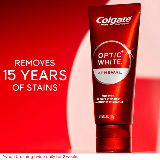 Close-up of Colgate Optic White Renewal toothpaste tubes, 3.0 oz each