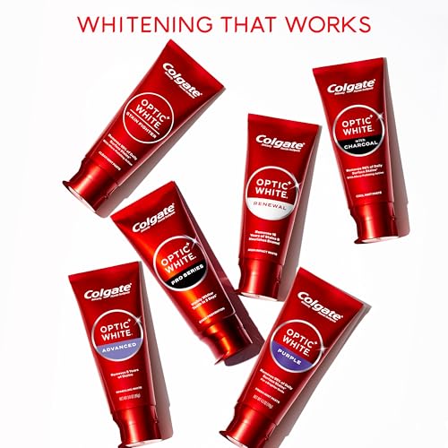 Product flat lay of Colgate Optic White Renewal 3-pack with packaging