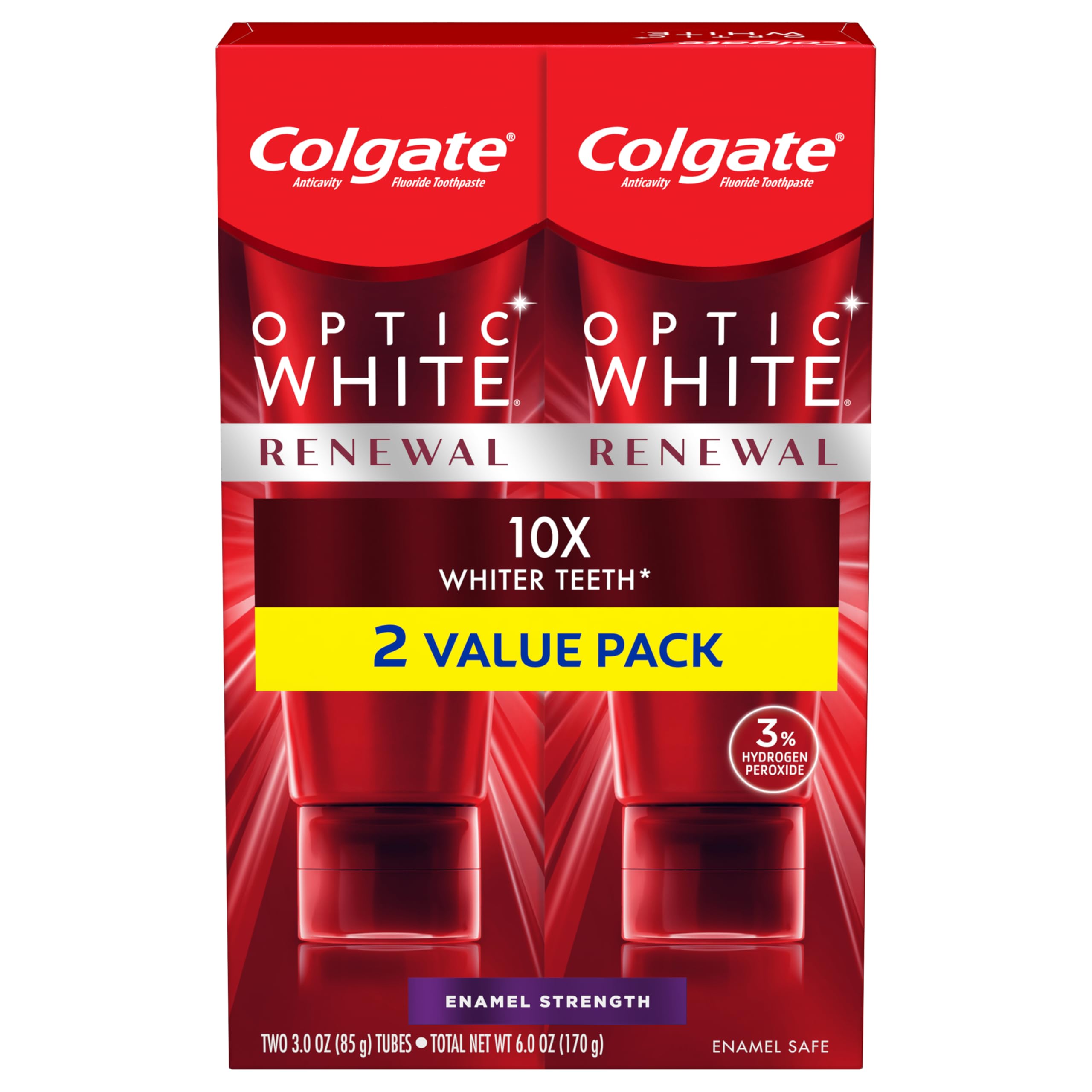 Close-up texture of Colgate Optic White Renewal toothpaste