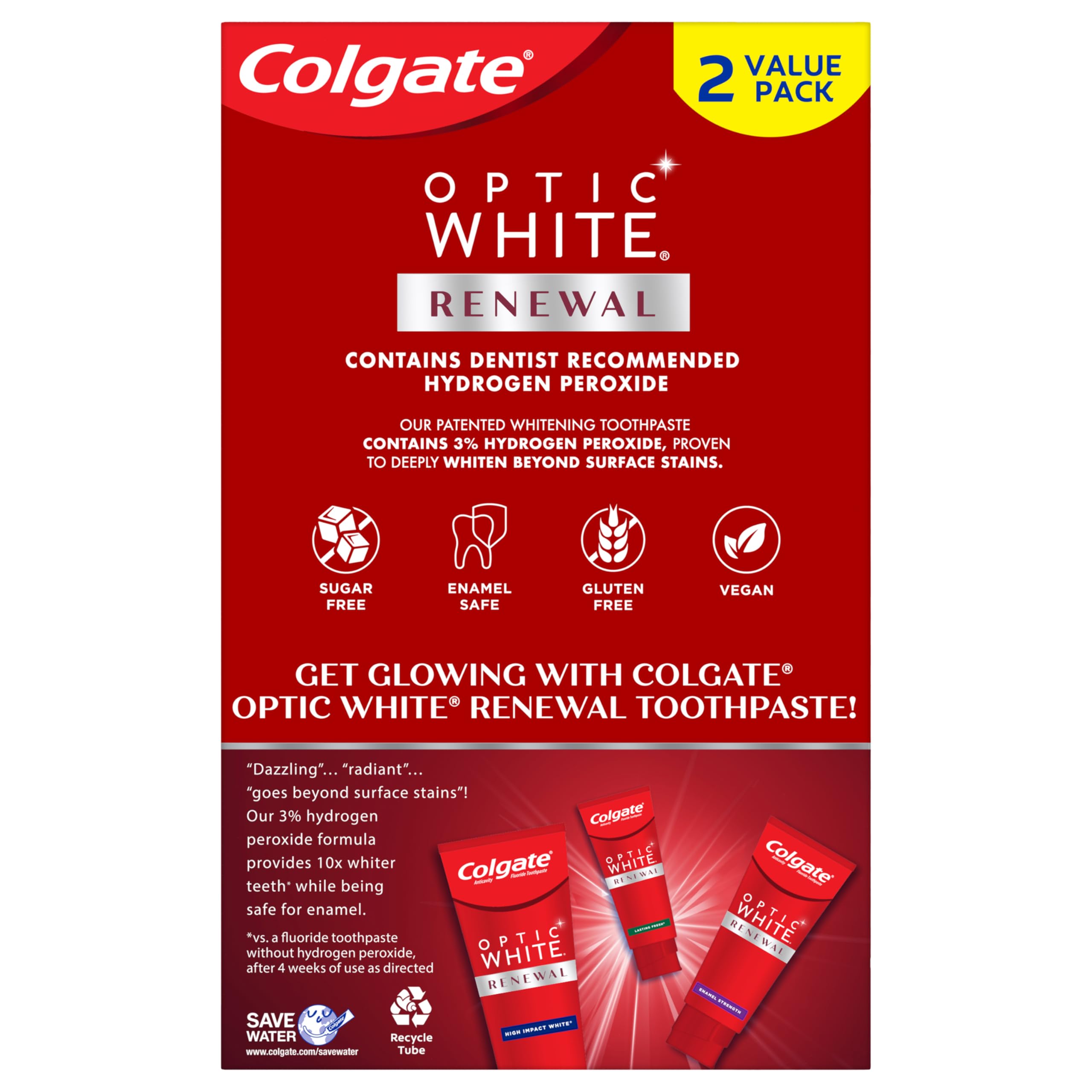 Colgate Optic White Renewal 2-pack packaging displayed on surface