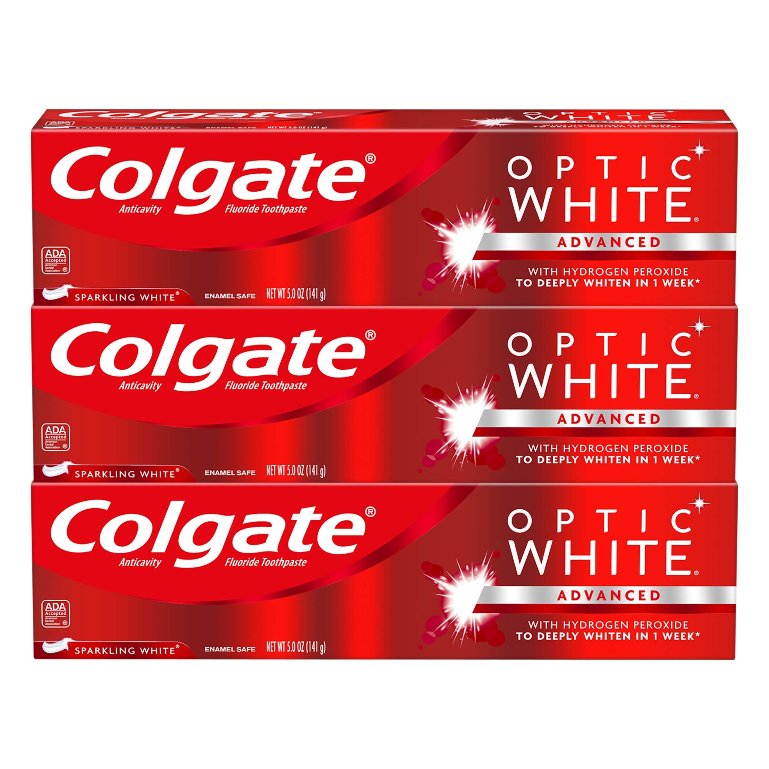 Colgate Optic White Sparkling Mint toothpaste 5 oz 2-pack box and tube