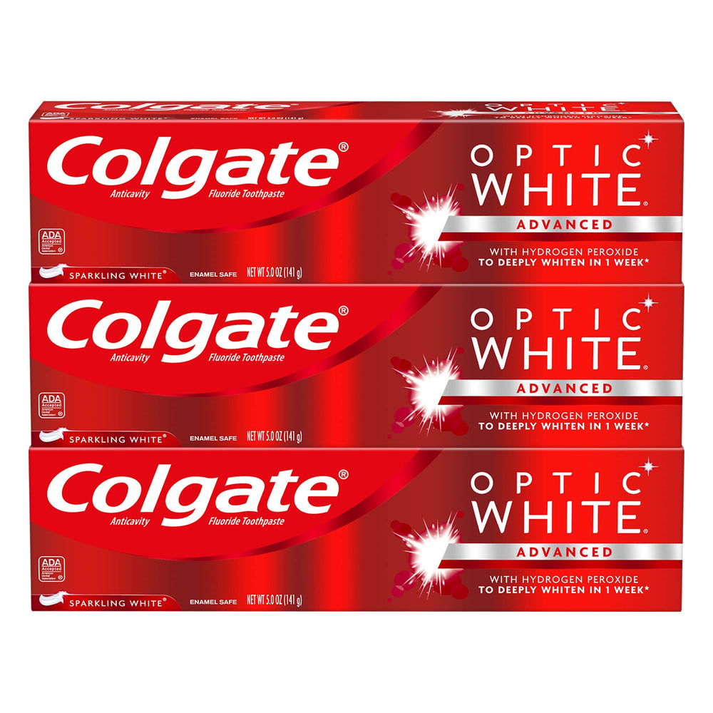 Colgate Optic White Sparkling Mint toothpaste 5 oz 2-pack box and tube