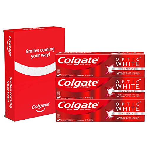 Close-up of Colgate Optic White Sparkling Mint toothpaste tube