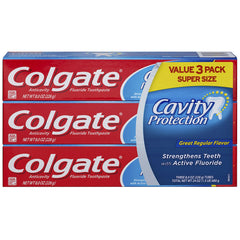 Front view of Colgate CDC SPR 8 oz toothpaste 3-count package