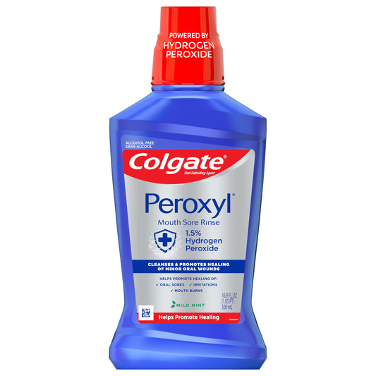 Colgate Peroxyl Mouthwash bottle with label close-up