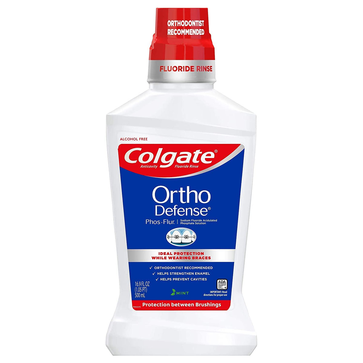 Colgate Phos-Flur mint anti-cavity fluoride rinse bottle front view 16 oz