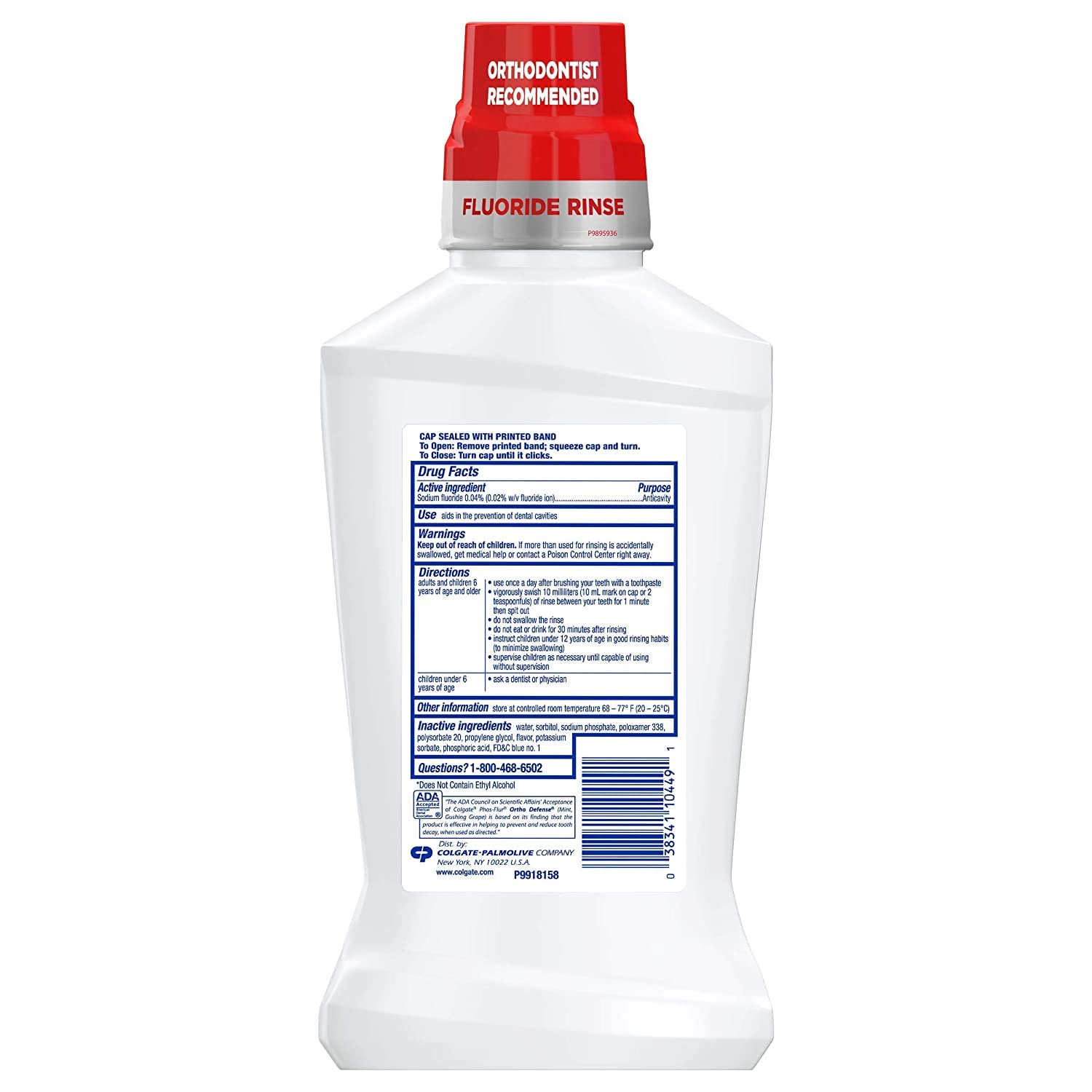 Colgate Phos-Flur mint rinse bottle label 16 oz with 4-pack packaging