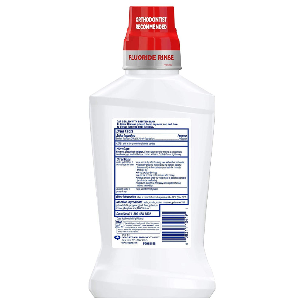 Colgate Phos-Flur mint rinse bottle label 16 oz with 4-pack packaging