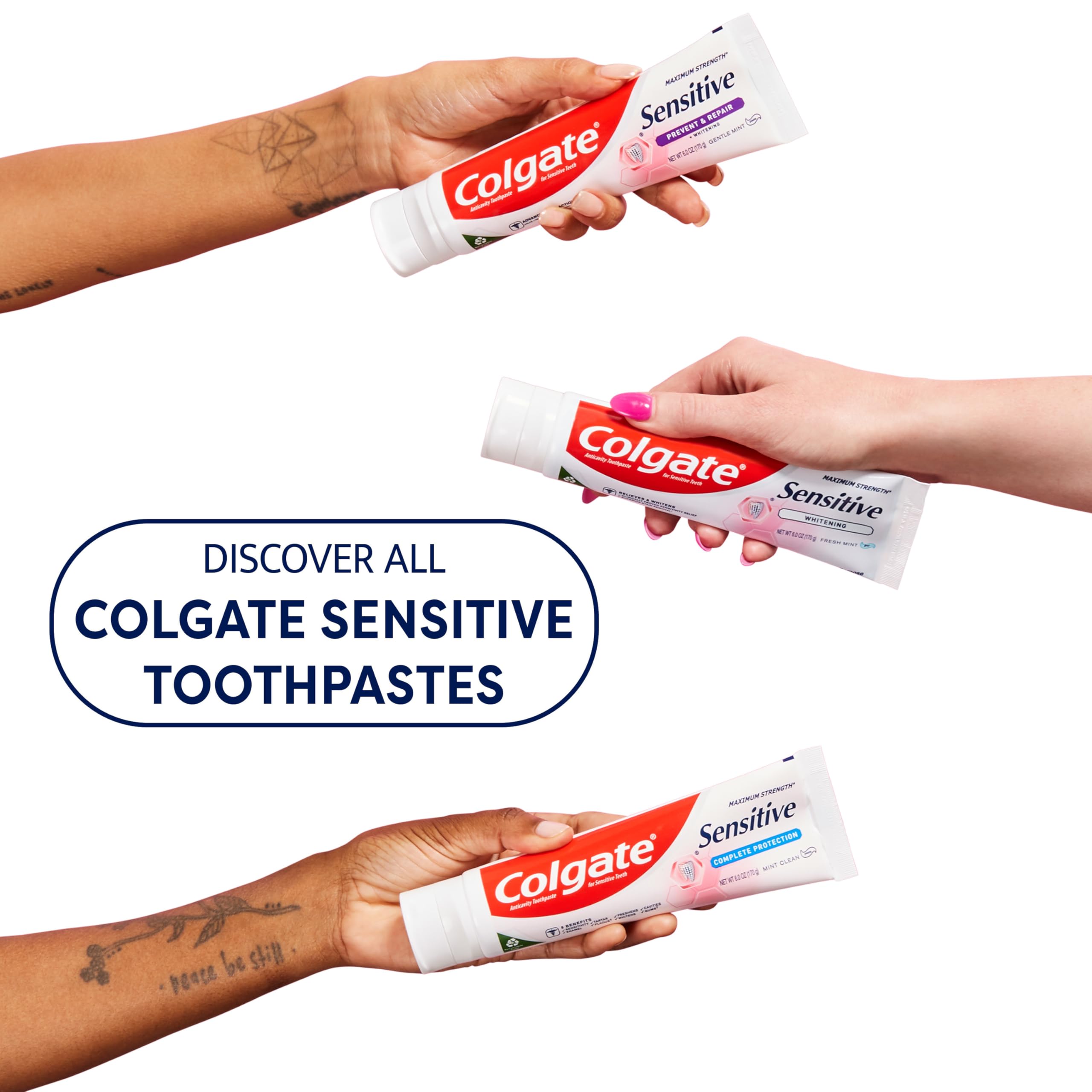 Product shot: Colgate Sensitive Prevent and Repair 3-pack on white background