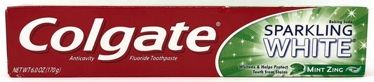 Colgate Sparkling White Baking Soda toothpaste Mint Zing 6 oz packaging