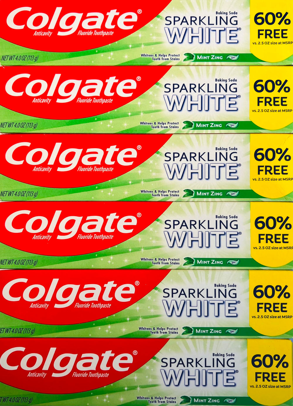 Colgate Sparkling White Mint toothpaste 4 oz 6-pack box