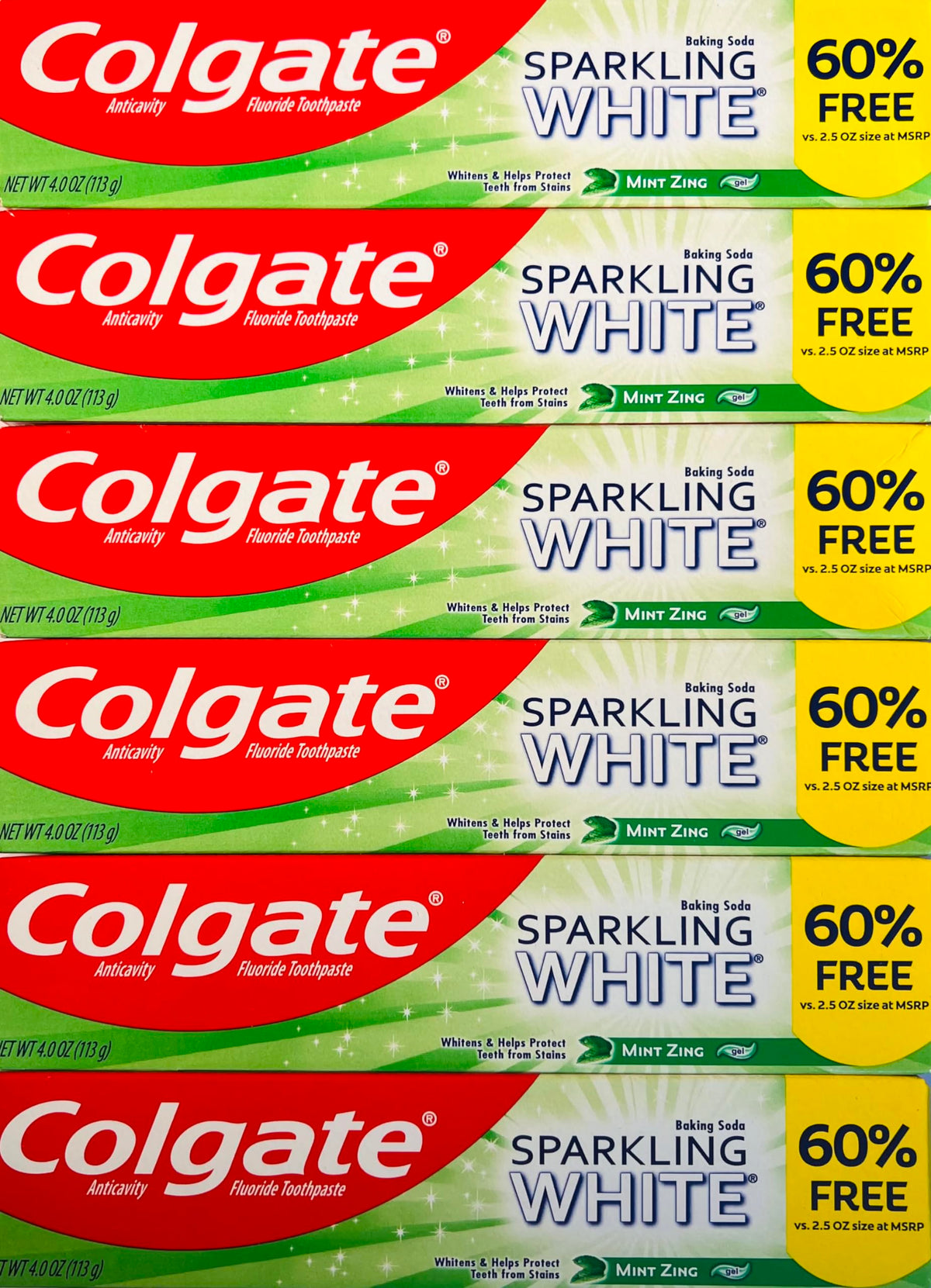 Colgate Sparkling White Mint toothpaste 4 oz 6-pack box