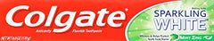 Close-up of Colgate Sparkling White Mint toothpaste tube in a 6-pack