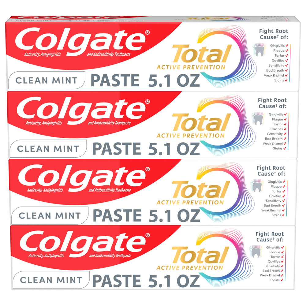 Four 5.1 oz tubes of Colgate Total Active Prevention Clean Mint toothpaste in a 4-pack
