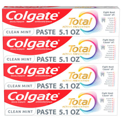 Four 5.1 oz tubes of Colgate Total Active Prevention Clean Mint toothpaste in a 4-pack