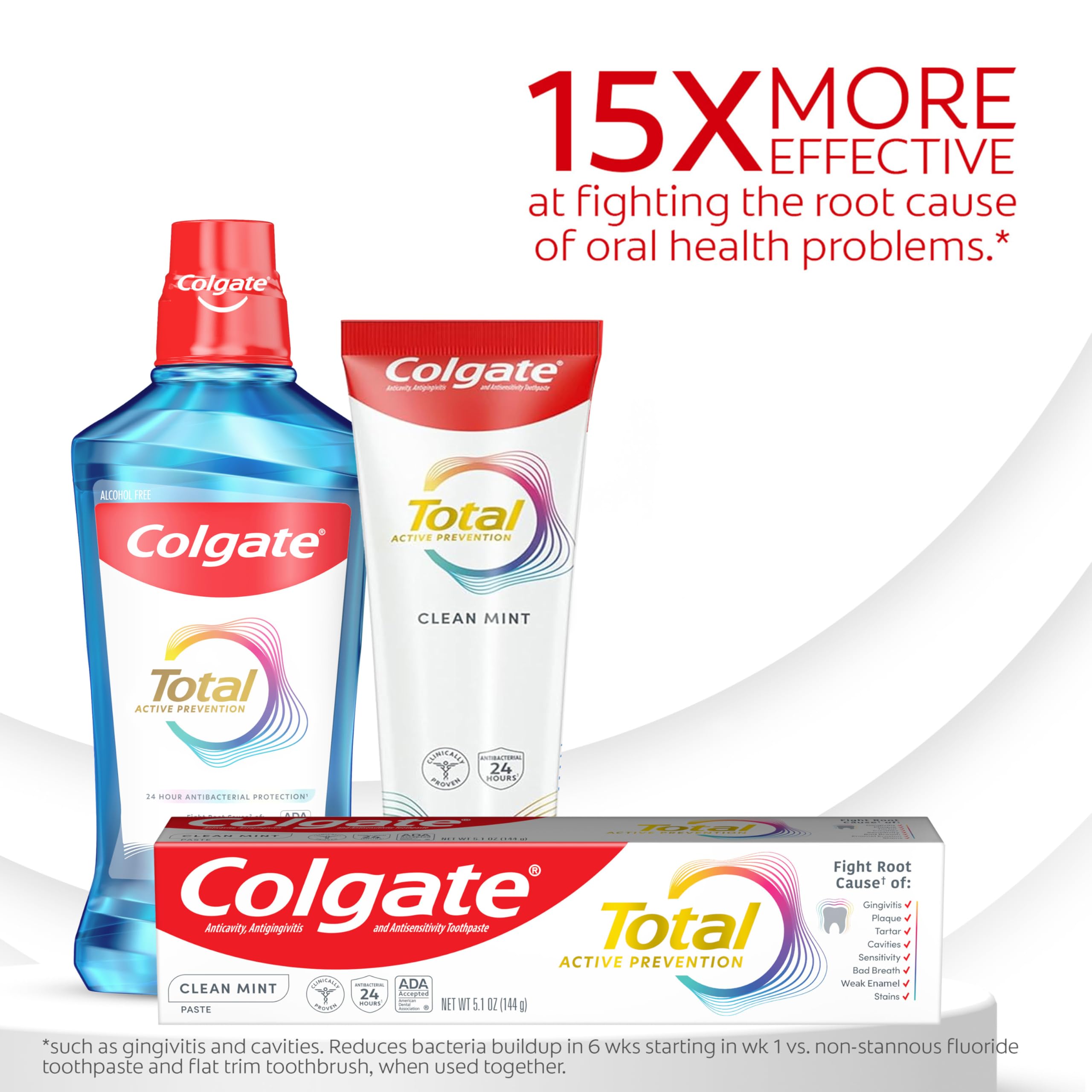 Front view of Colgate Total Active Prevention Clean Mint toothpaste 4-pack packaging