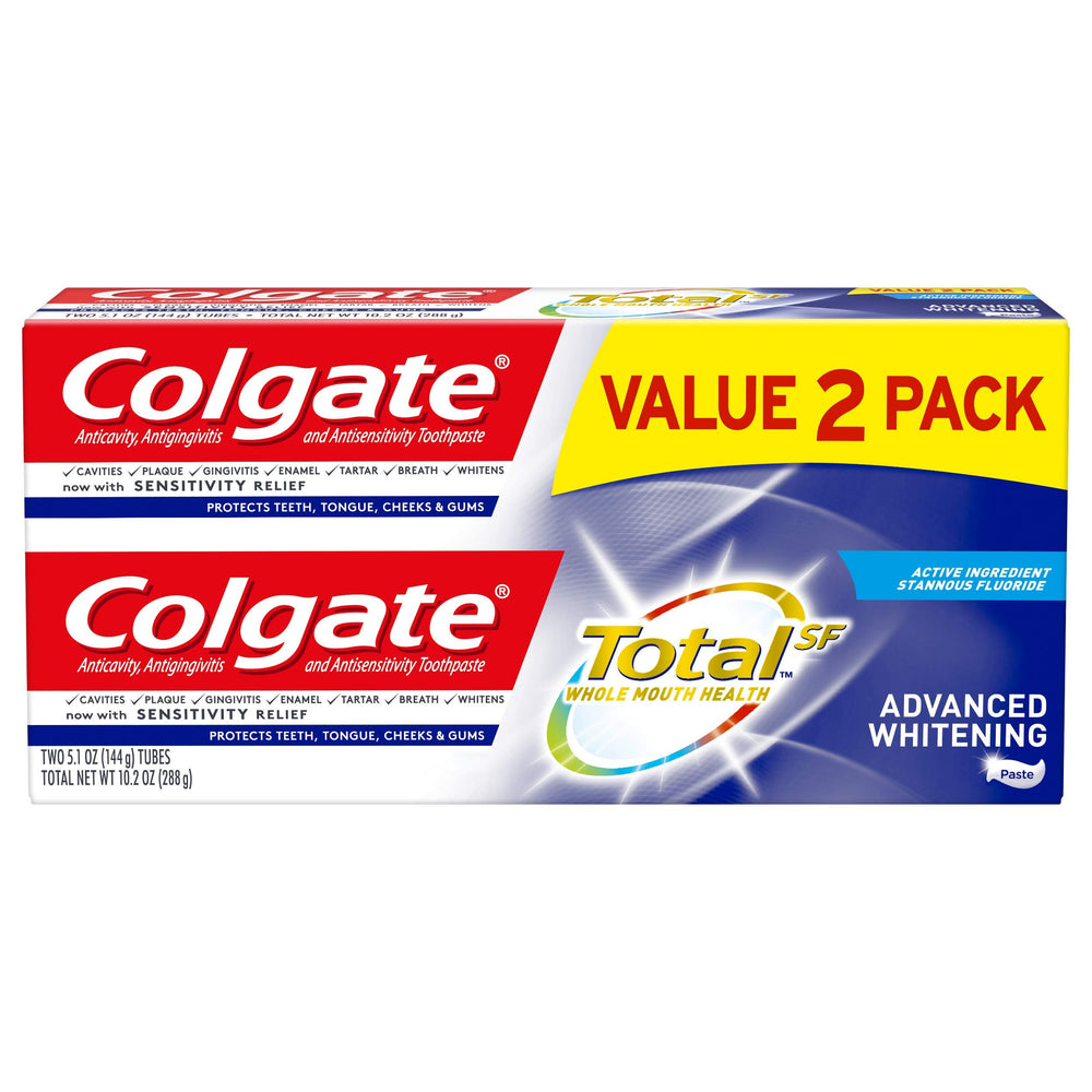 Box front of Colgate Total Advanced Whitening Toothpaste with Fluoride 2-pack