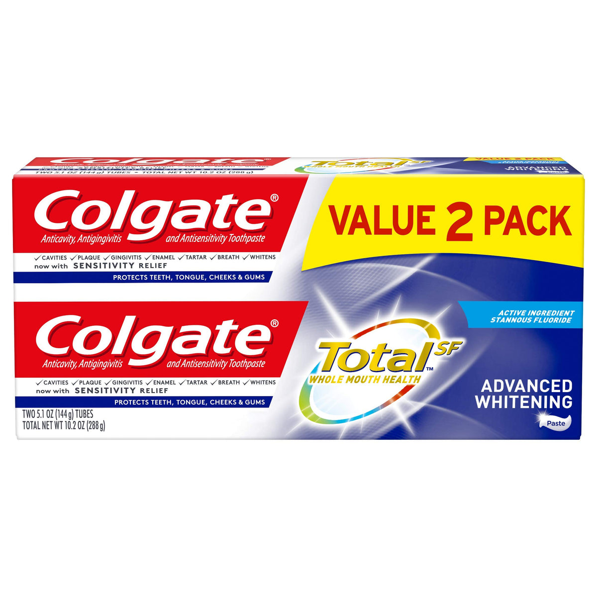 Box front of Colgate Total Advanced Whitening Toothpaste with Fluoride 2-pack
